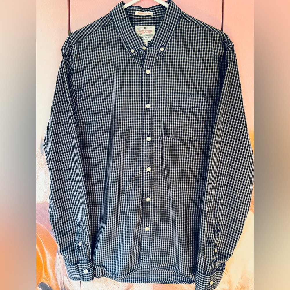 Lucky Brand Shirt California Fit Men's Medium Long Sleeve Blue White Plaid